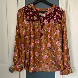 LOFT Floral Boho Blouse Brown Pink – Long Sleeve Lightweight‎ Top S
